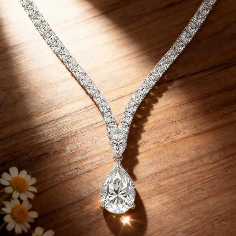 Luxury Pear Cut Full D Color Moissanite Tennis Neck Chain Woman s925 Silver All Lab Diamond Party Bridal Necklaces Gift