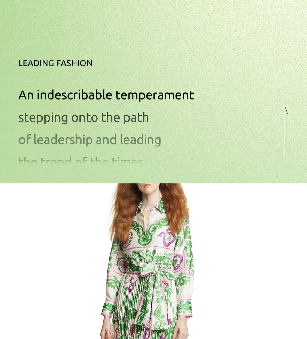 Elegant Women's Printing Dresses Lace Up Neck Long Sleeve Elegant Dress 2024 New Autumn Robe Midi Shirt Dress
