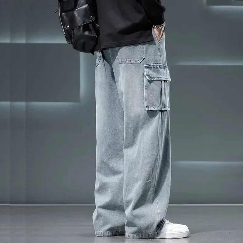 8XL Jeans New Wide Leg Washing Pants Men Trousers Neutral Solid Color Loose Casual Korean Fashion Pocket Plus Size Cargo Pant