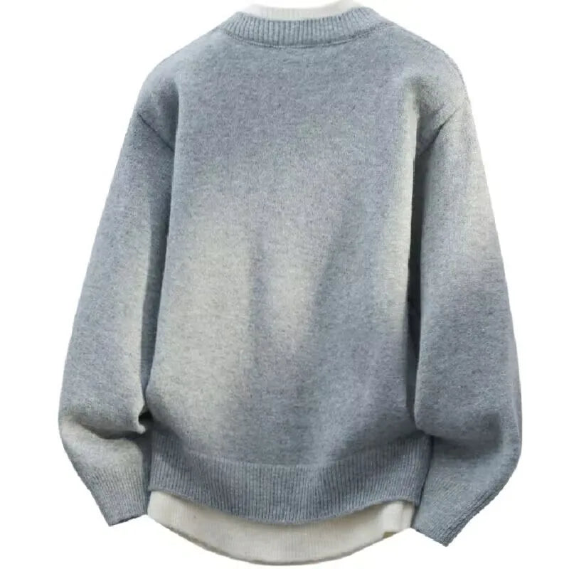 Fake Two Piece Pullover Cardigan Men Round Neck Long Sleeve Clothing Thermal Warm Comfortable Youth Casual Knit Sweater