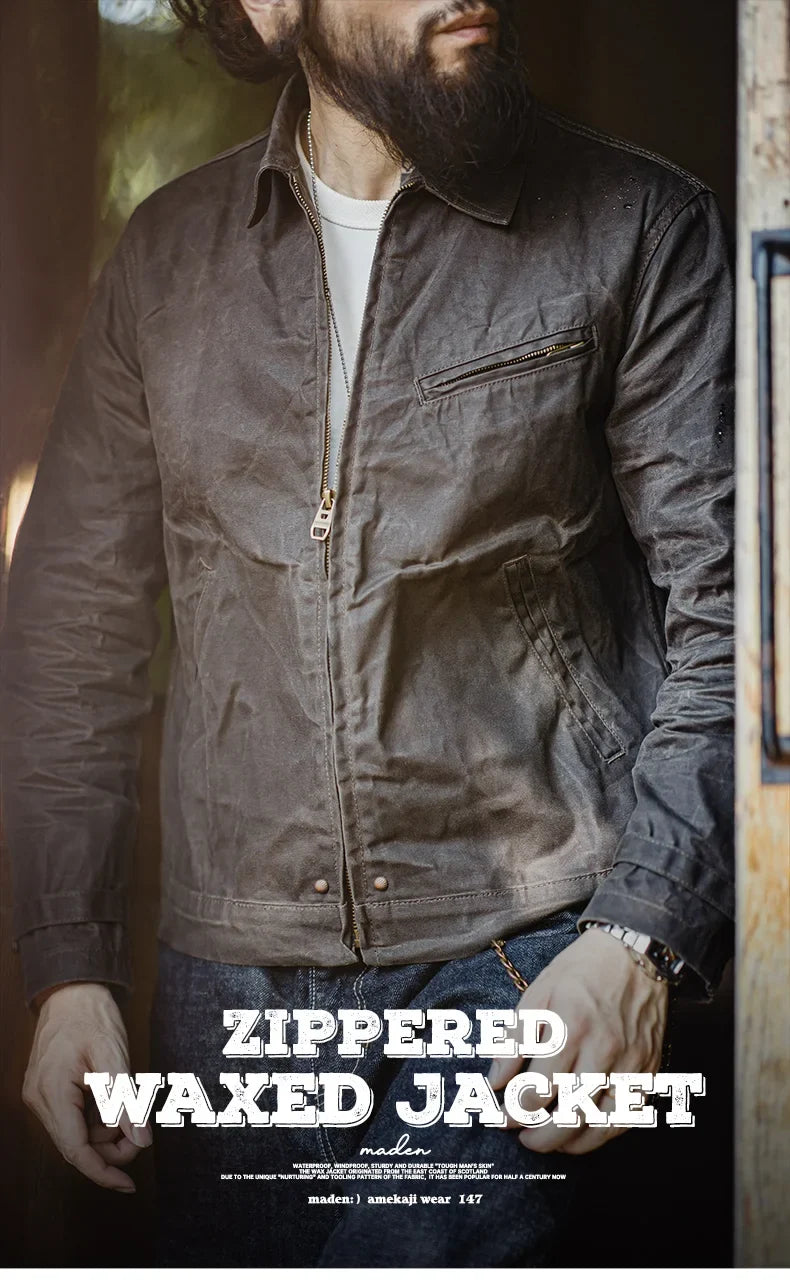 Men's Vintage IV Oil Waxed Canvas Jacket Lapel Zipper Short Outerwear Classic Slim Fit for Men's Spring and Fall Jacket