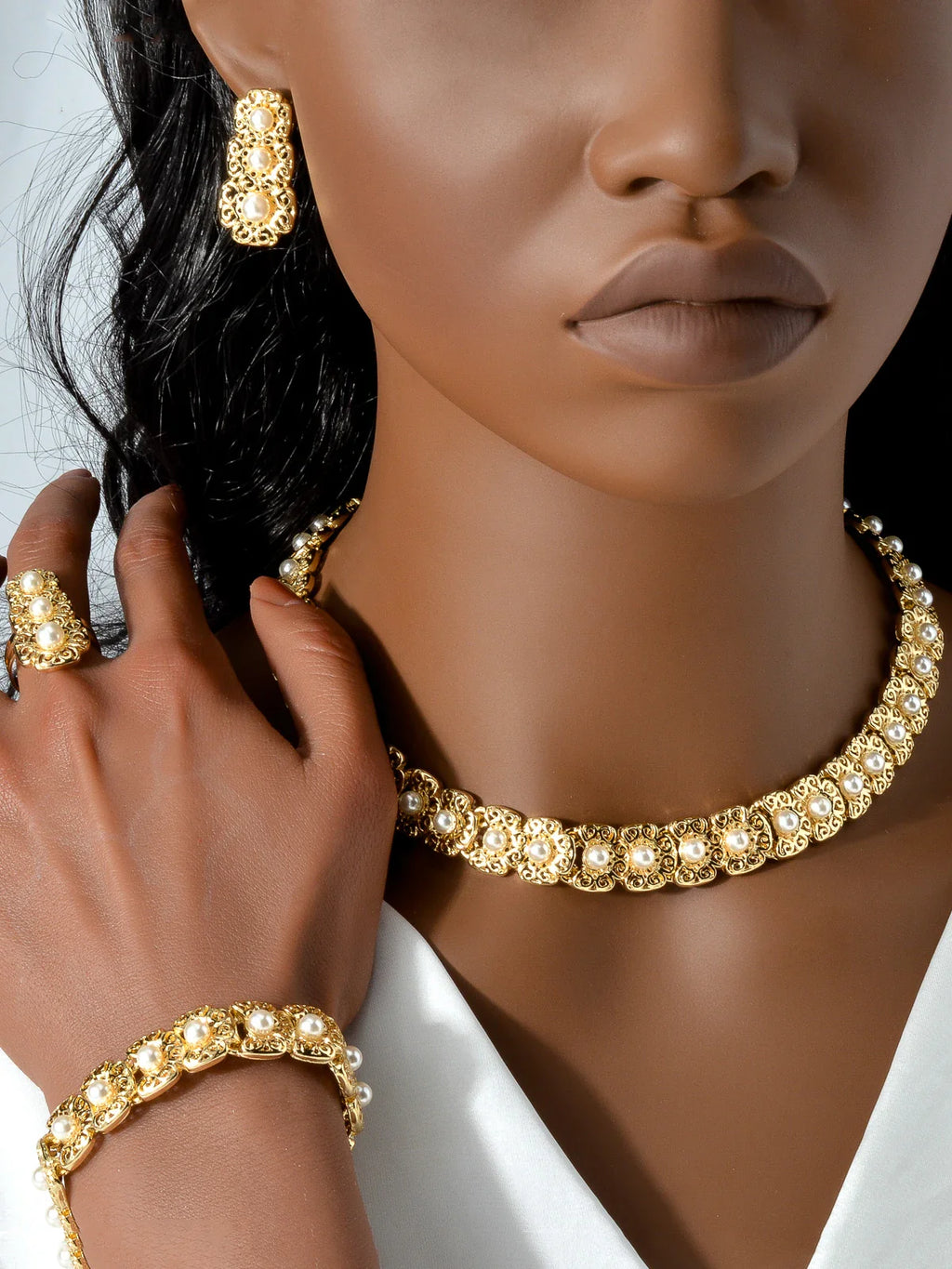 Dubai Luxury Quality Jewelry Set For Women Trend Pearl Necklace Bracelet Ring Earrings Jewelry Set 18k Gold Plated Jewelry