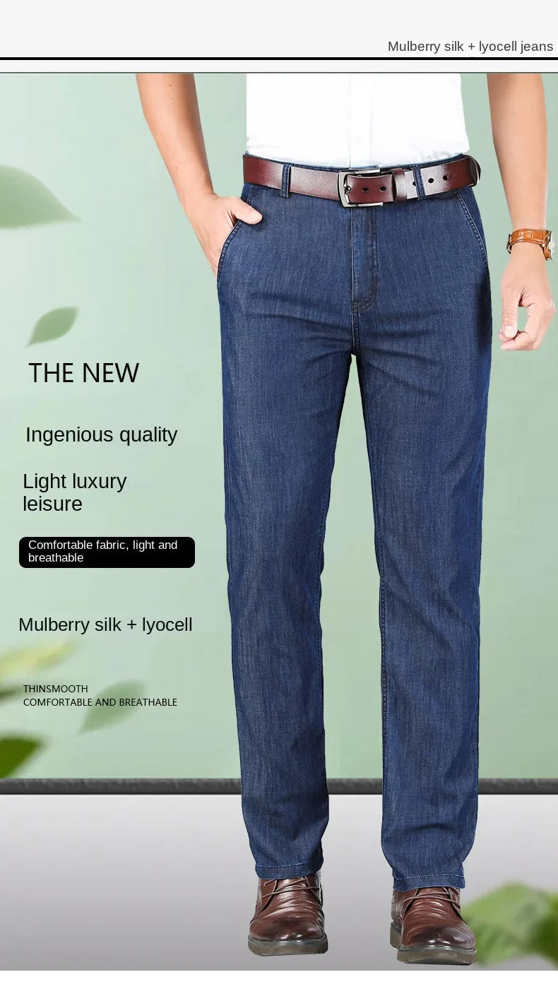 2026 Thin Stretch Denim Business Casual High Waist  High Lyocell  Men's Fit Straight Lightweight Cotton  Light Grey Jeans