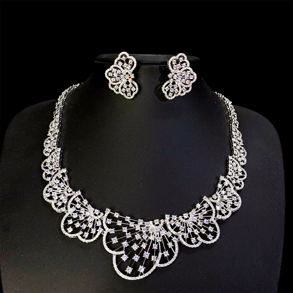 Famous Brand Super Luxury Fan-shaped Design Women Wedding Naija Bridal Cubic Zirconia Necklace Dubai Dress Jewelry Set