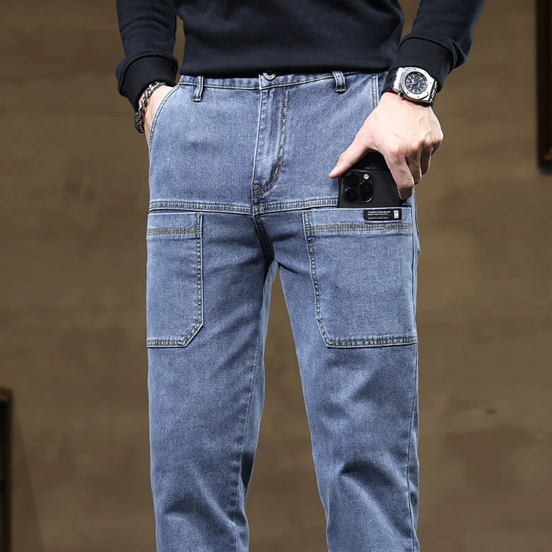 Versatile Six-Pocket Design Jeans Men's Loose Straight Leg Pants Stretchy Comfortable for Outdoor Hiking Activities All Seasons
