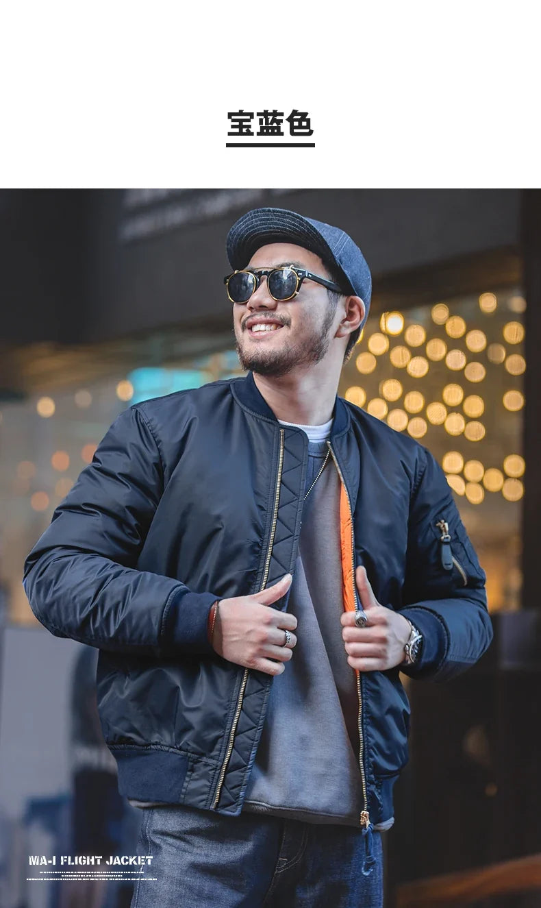 Vintage MA1 Pilot Jacket Green Thickened Cotton-padded Jacket Casual Baseball Pockets Flight Zipper Outwear for Men's Fall
