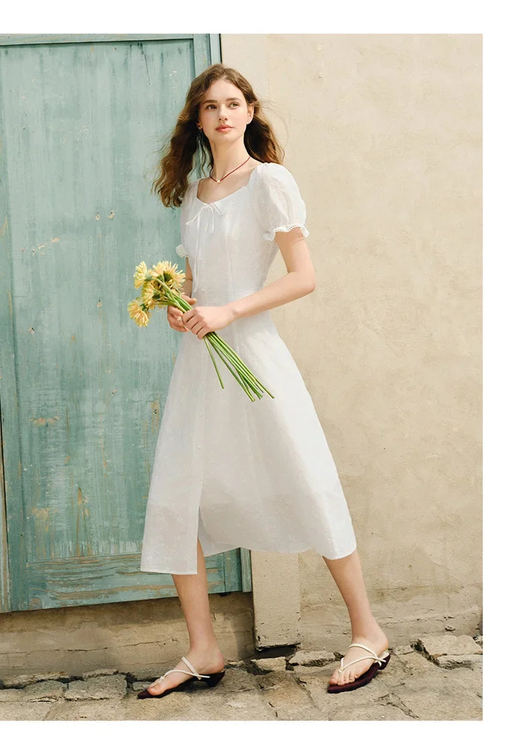 Dress Women Embroidered Elegant 2025 New Summer Lace-trimmed Collar Puff Sleeve Little White Dress for Summer