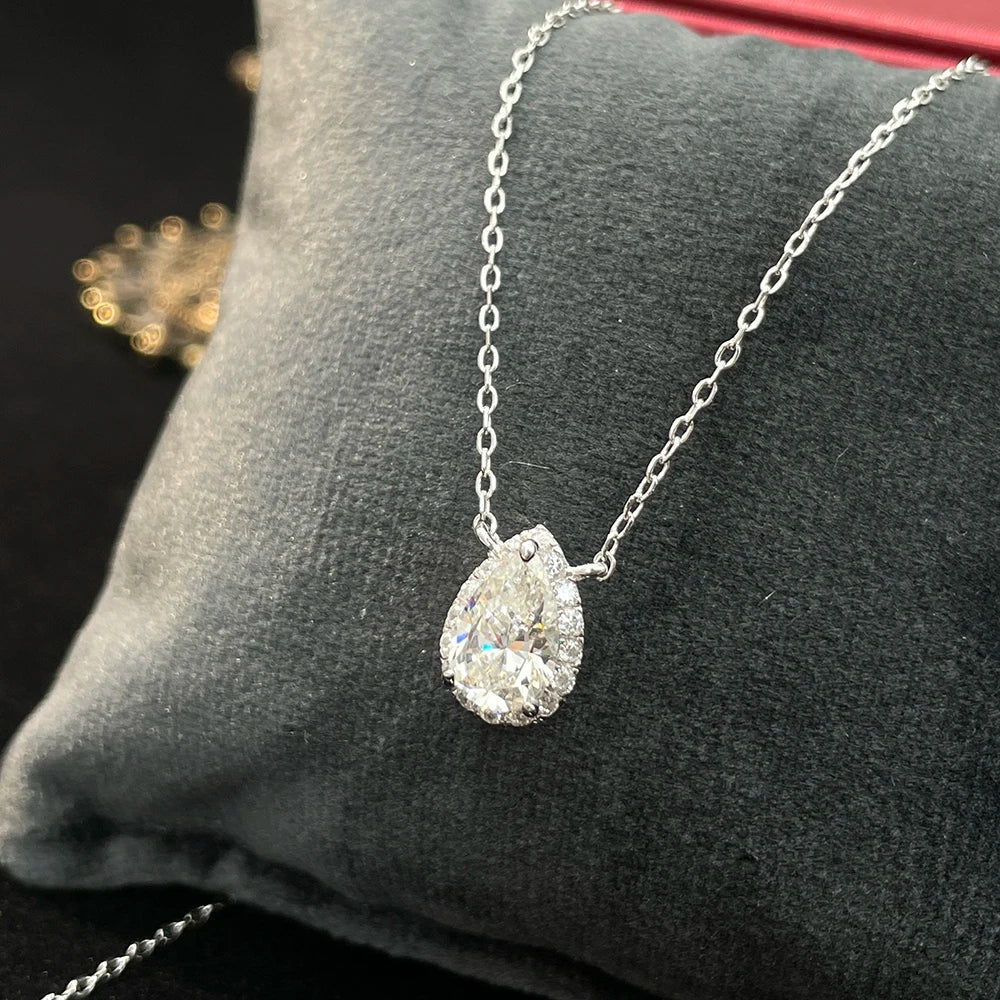 Certified 1/2 Carat Pear Cut Moissanite Pendant Necklaces 925 Sterling Silver Tear Drop Halo Diamond Neck Chain for Women
