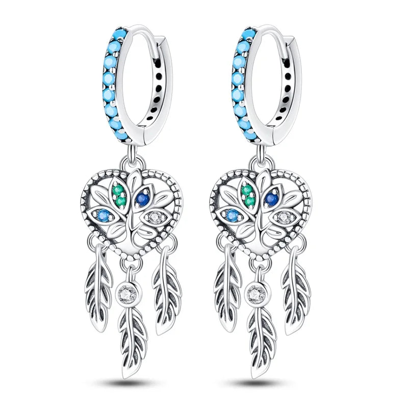 New in 925 Silver Romantic Feather Moon Stars Dream Catcher Earrings For Women Trending Fashion Jewelry Creative Birthday Gifts