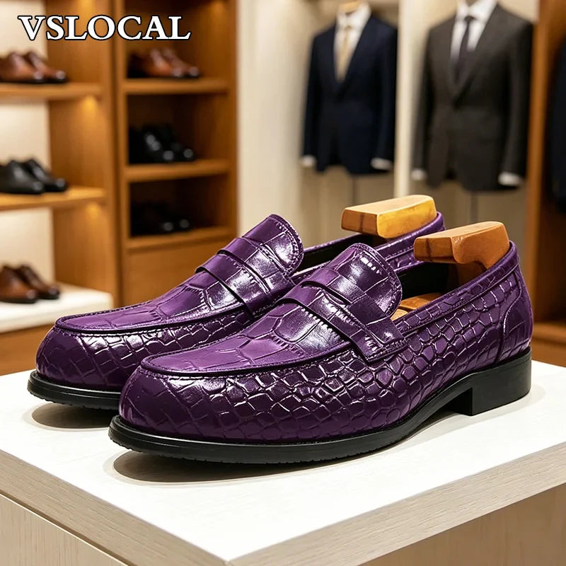 Fashion 5 Colors Men Leather Shoes Green Slip On Croco Prints Casual Mens Dress Shoes Wedding Office Banquet Loafers Men