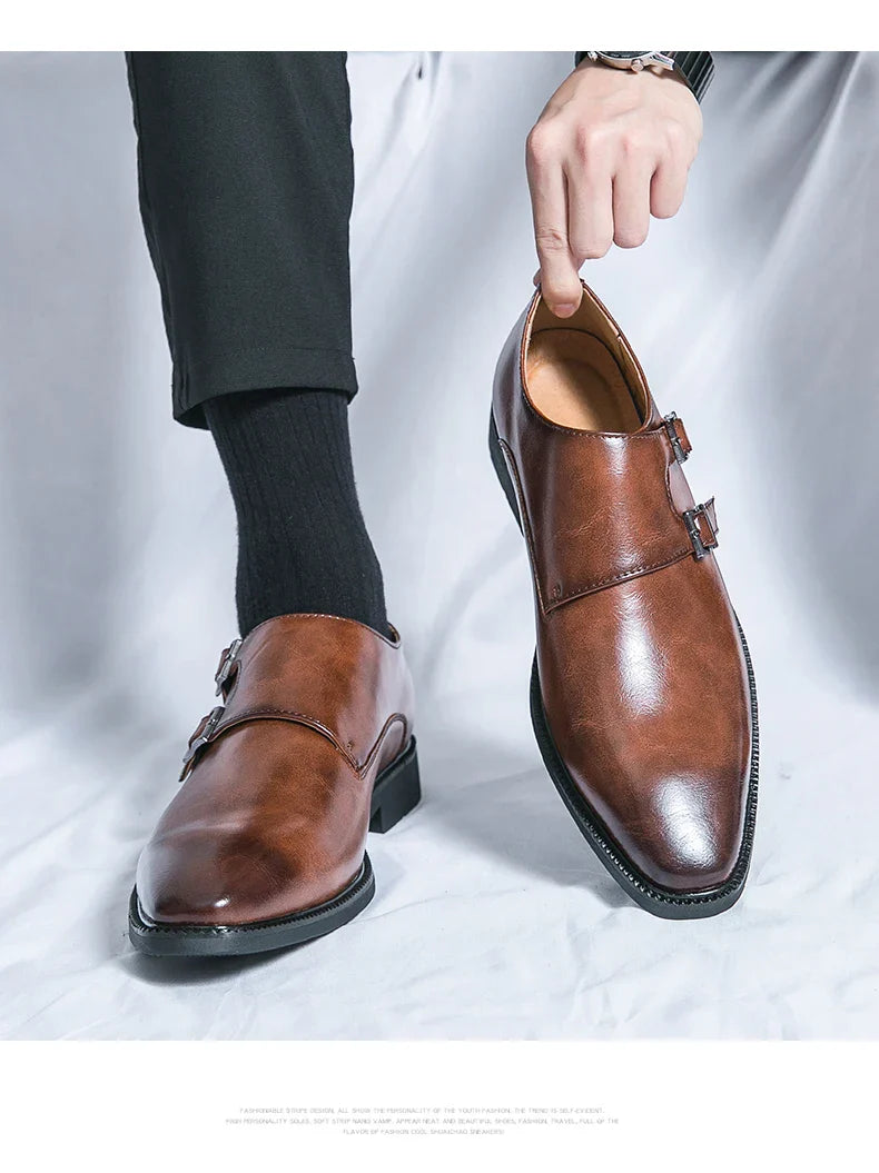 Men's Monk Leather Shoes Pointed Toe Buckle Dress Shoes Oxfords Classic Retro Business Office Wedding Comfortable
