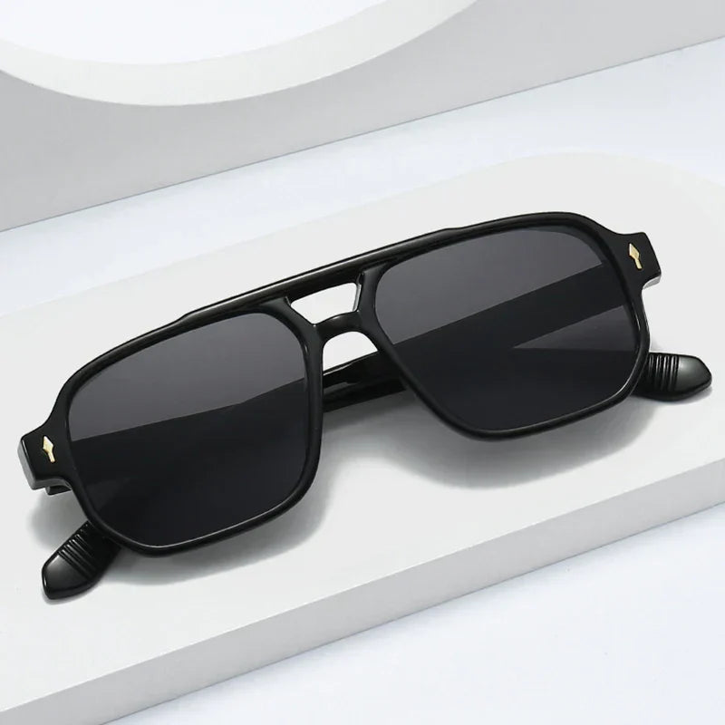 Vintage Double Bridges Men Square Sunglasses Fashion Clear Ocean Lens Eyewear Women Trending Rivets Sun Glasses UV400