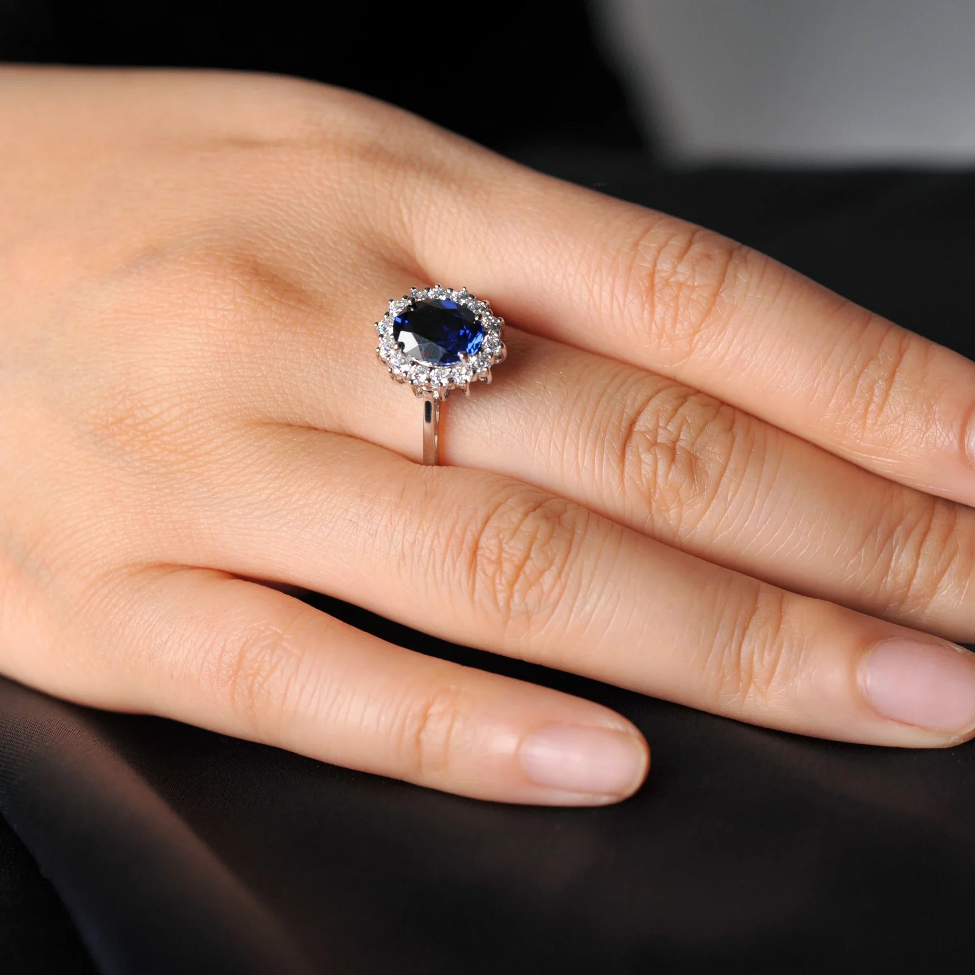 Halo Rings for Women Created Blue Sapphire Nano Emerald Red Ruby Princess Diana 2.67ct Oval Cut 925 Sterling Silver Rings