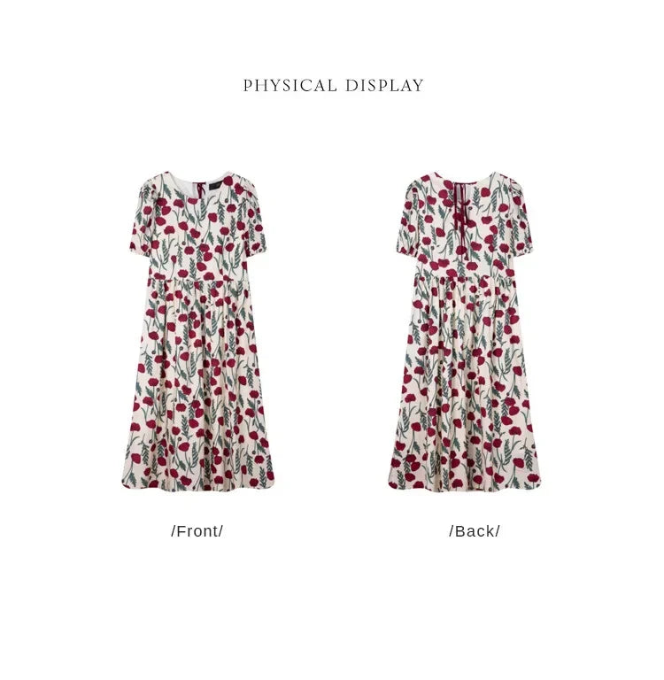 French Floral Print Dress Women 2026 Summer Round Neck Puff Sleeve Fitted Long Dress Casual Streetwear Outfits