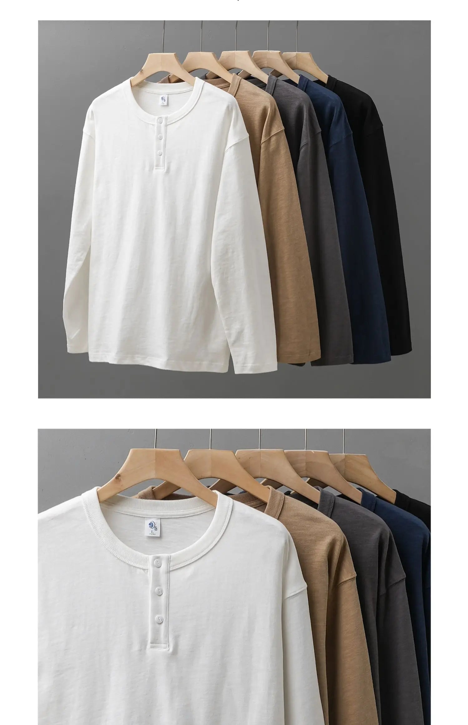 320G Heavyweight 100% Cotton Henley Neck T Shirt for Men Long-Sleeved Spring Autumn Casual Tops Solid Color Undershirts
