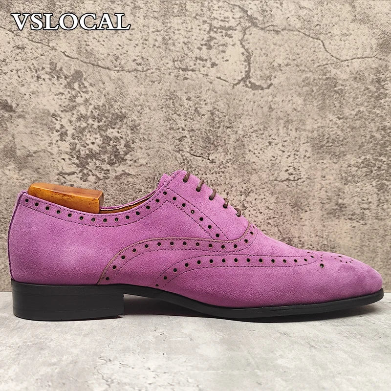 Elegant Men's Oxford Shoe Lace up Suede Leather Purple Pointed Toe Mens Dress Casual Shoes Banquet Wedding Shoes For Man