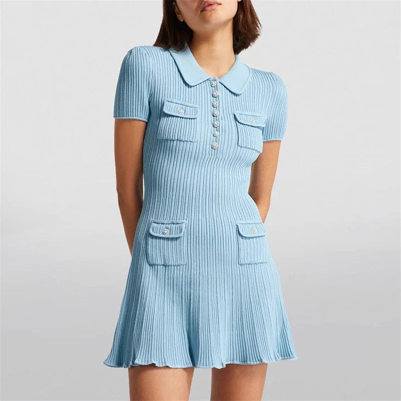 2025 Spring/Summer New Polo Neck Short Sleeve Knitted Dress Y2K Fashion Commuter Elastic Slim Fit Multi Pocket Wrapped Hip Skirt