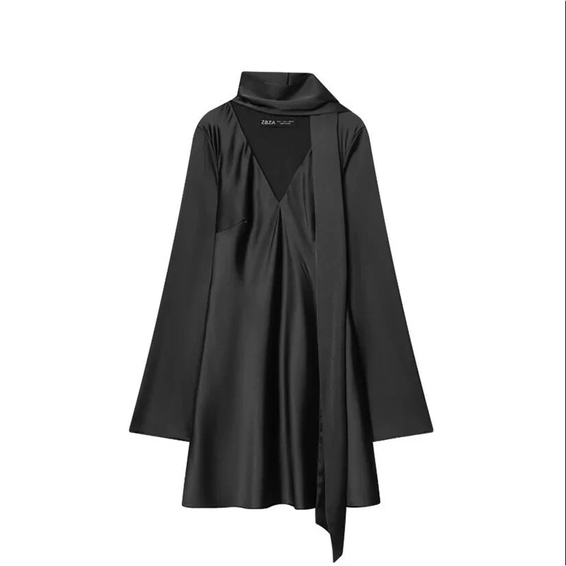 Women Fashion Satin Elegant Short Dress Summer Autumn New Long Sleeve Scarf V neck Mini Dress Female Elegant Party Dresses
