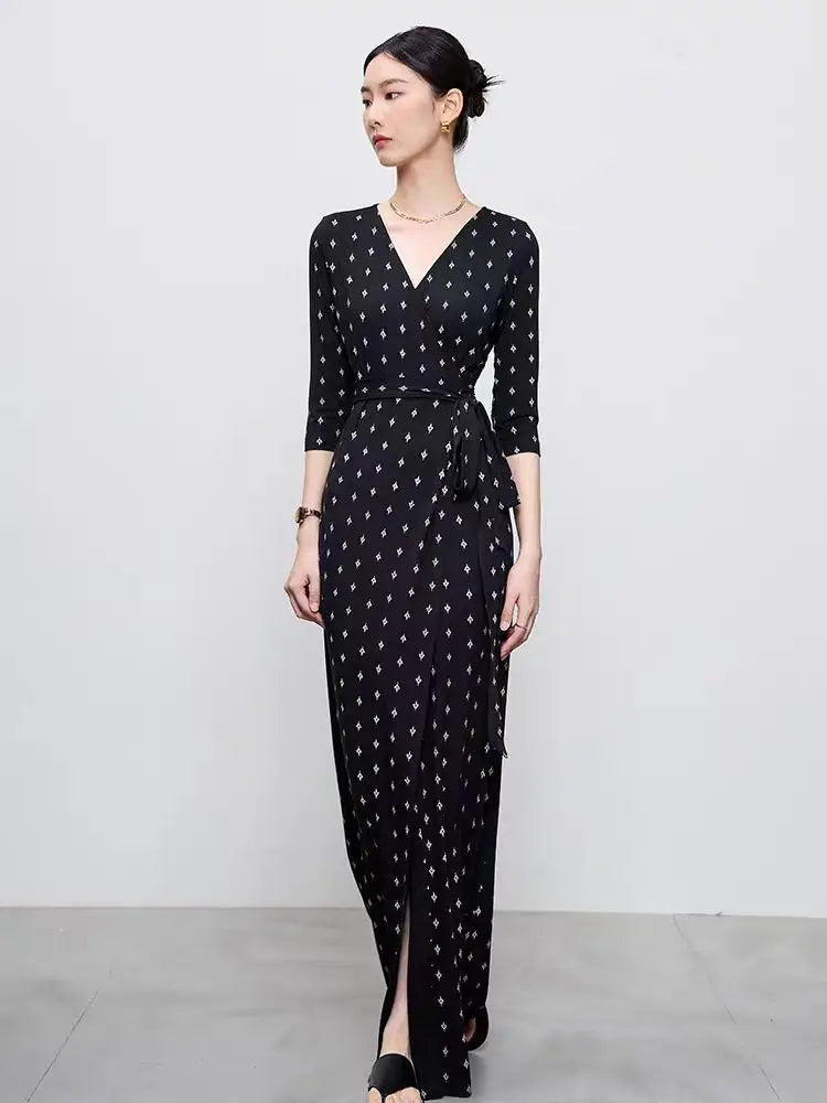 High End Half Sleeved Floral Long Dress For Women, 2026 Spring/Summer One-Piece Lace Up Lazy And Relaxed Vacation Dress