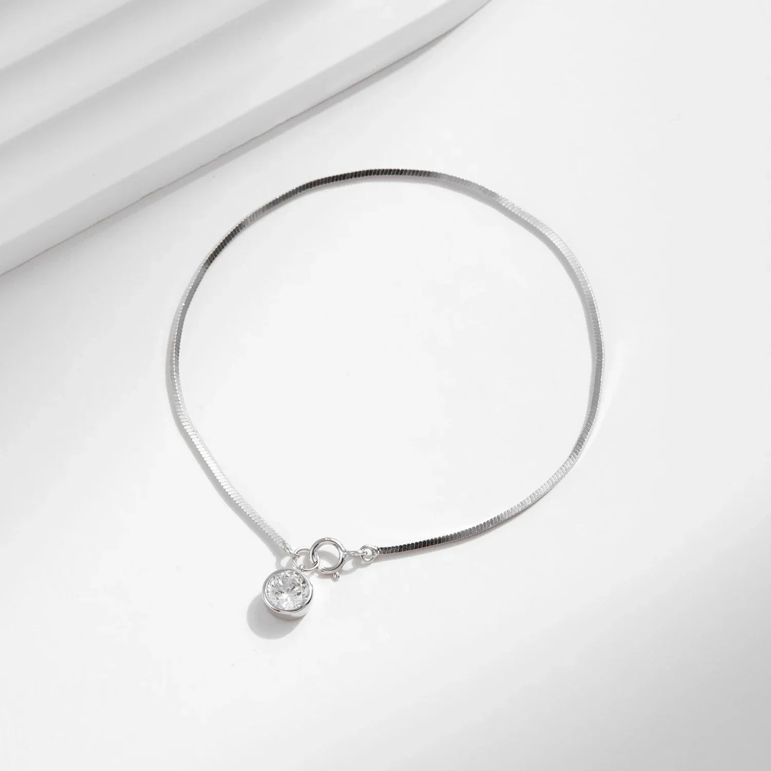 925 Sterling Silver Snake Chain Bracelet White Gold Sparkling Round CZ Charm Dainty Chain Bracelet for Women Jewelry