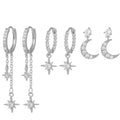 6PCS Fashion Cubic Zirconia Chain Star Moon Hoop Earring Set for Women Stainless Steel Pendant Cartilage Piercing Jewelry