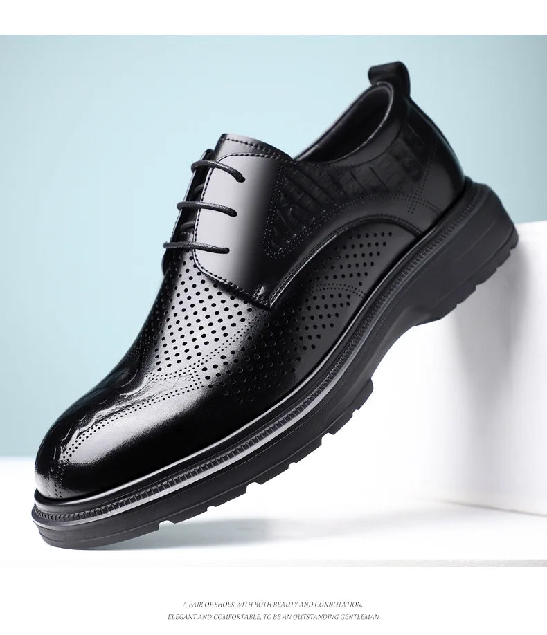 2026 Summer New Men's Cow Leather Oxford Shoes Hollow Out Formal Business Dress Shoes Male Non-slip Fashion Platform Shoe Man