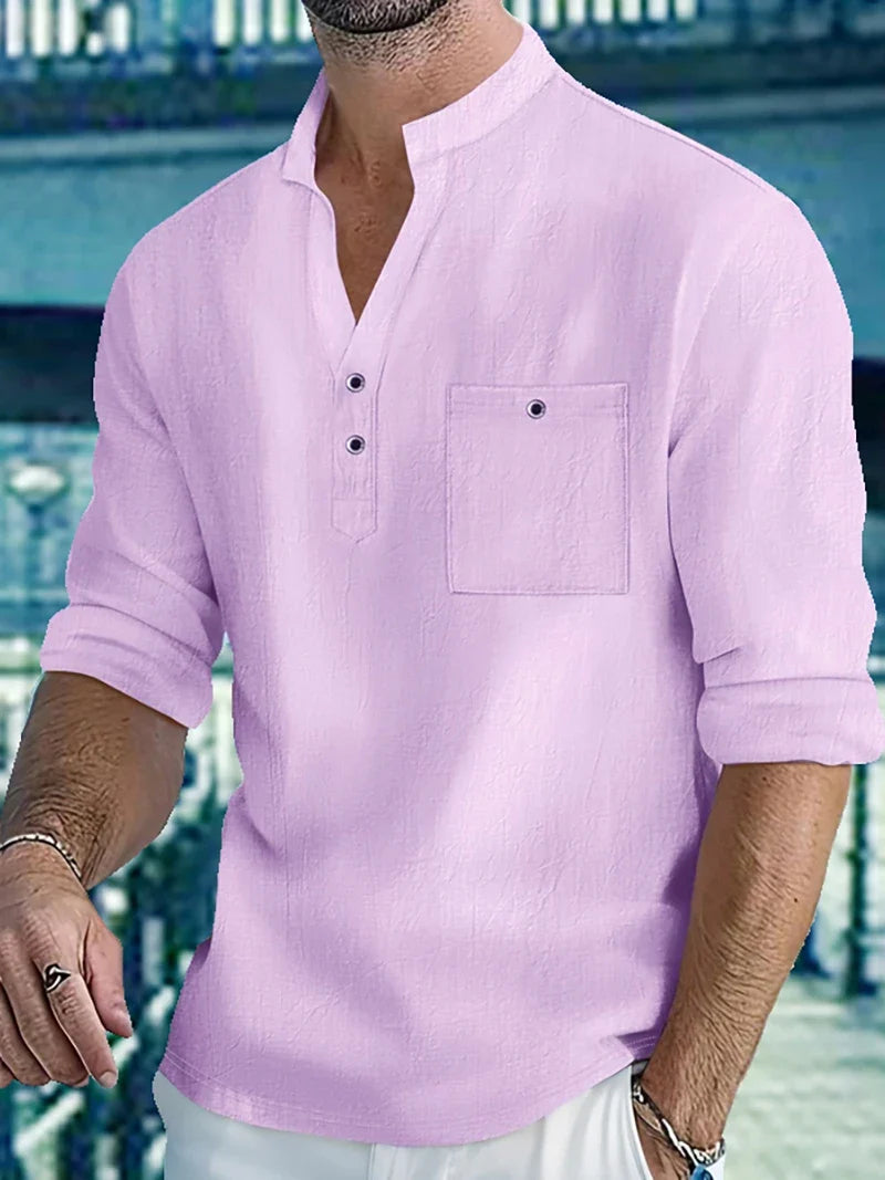 Men Mandarin Collar Long Sleeve Henley Cotton Linen Shirt With Chest Pocket Breathable Lightweight Beach Travel Daily Casual Top