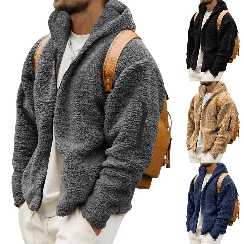 Men's Autumn and Winter Double-Sided Fleece Warm Jacket  Loose Hooded Casual Jacket