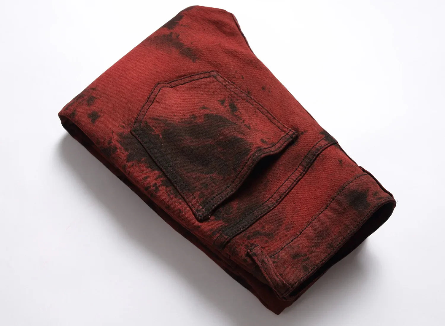 Mens Jeans High Quality Slim Tie dye Snow Wash Brick Red Denim Straight Pants