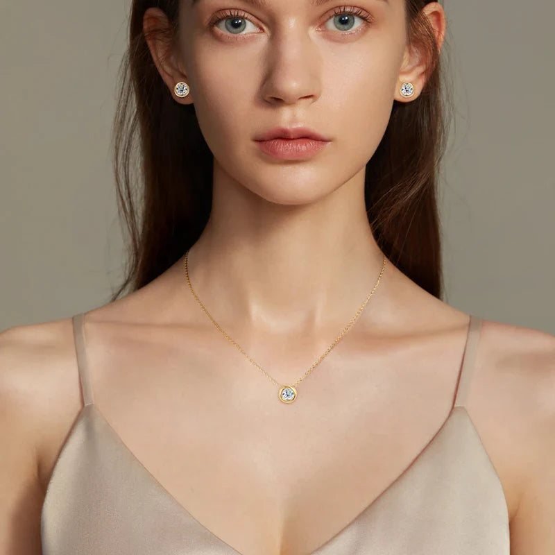 Real 3ctw. D Color Moissanite Jewelry Set 925 Silver 18k Gold Plated Pendant Necklace Stud Earrings Set for Women Men Gift