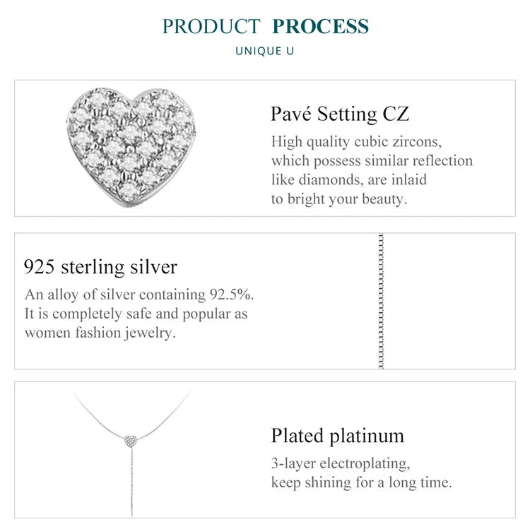 925 Sterling Silver Brilliant Heart Necklace for Women Minimalist Long Box Chain Choker Fine Jewelry Party Gift BSN260