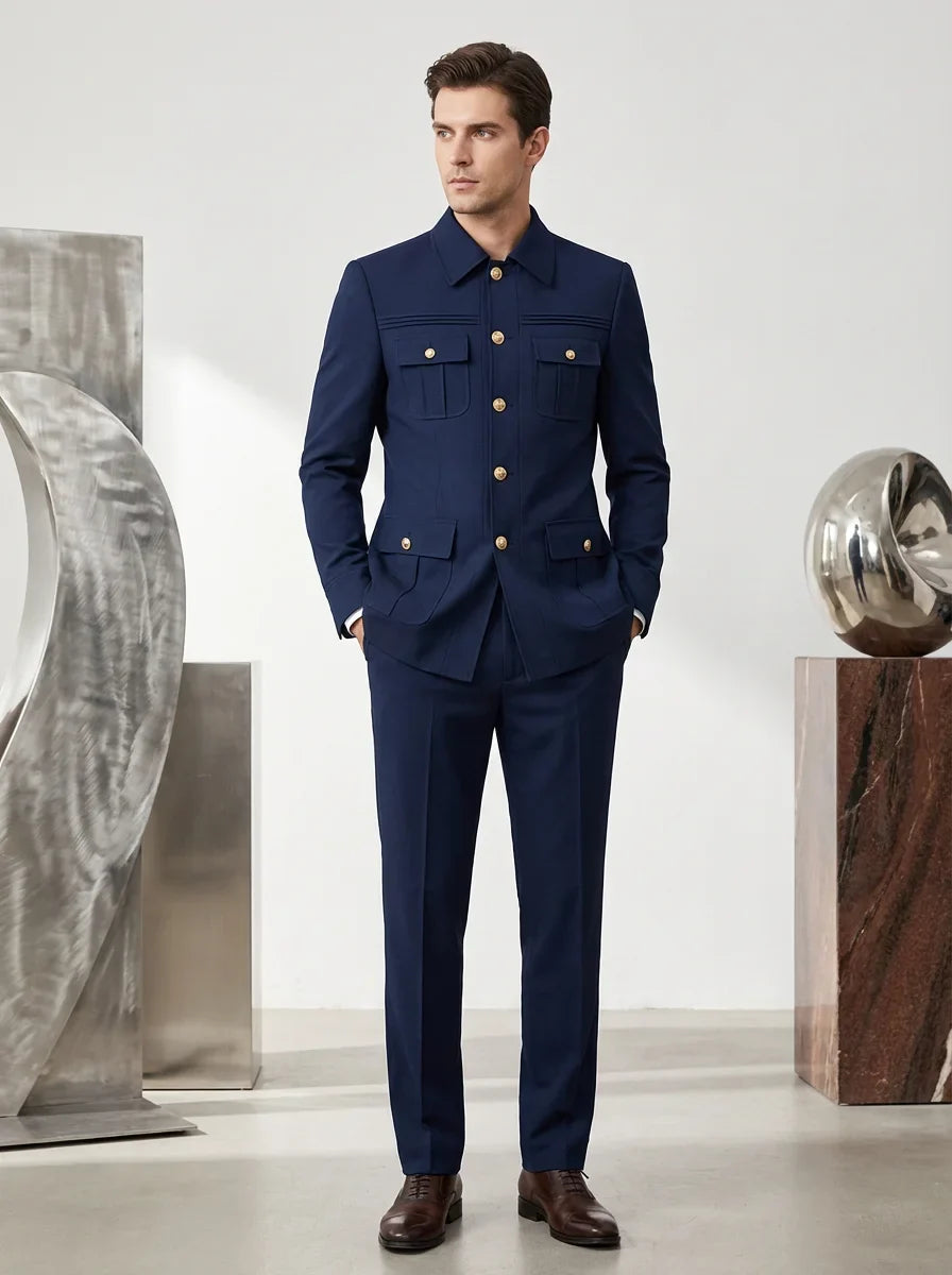 Two-piece dress black slim fit mens suits Classic Fit Multi Buckle Multi Pocket Solid Color Casual Business man blazer