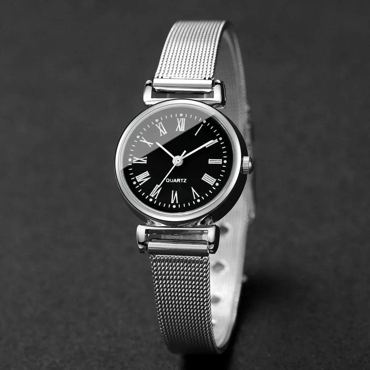 2PCS Fashion Women Quartz Watch Steel Mesh Band Watches Opening Cuff Bracelet Bangle Set（Without Box）