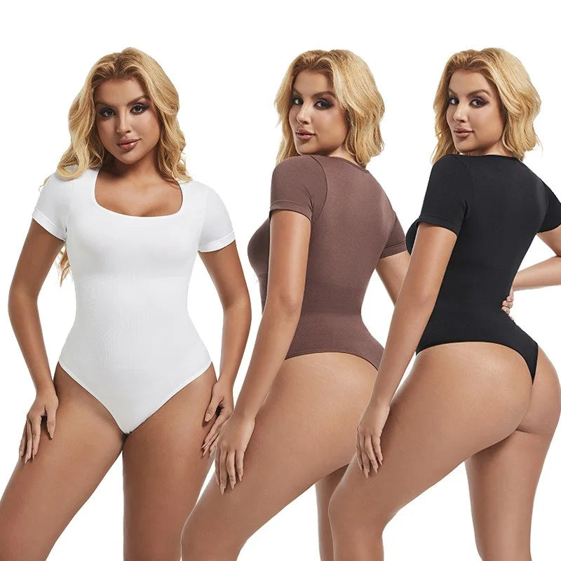 GUUDIA Short Sleeve Open Crotch Big U Neck Seamless Shapers Spandex Elastic Body Suit Shapewear Women Body Shaper Tummy Control