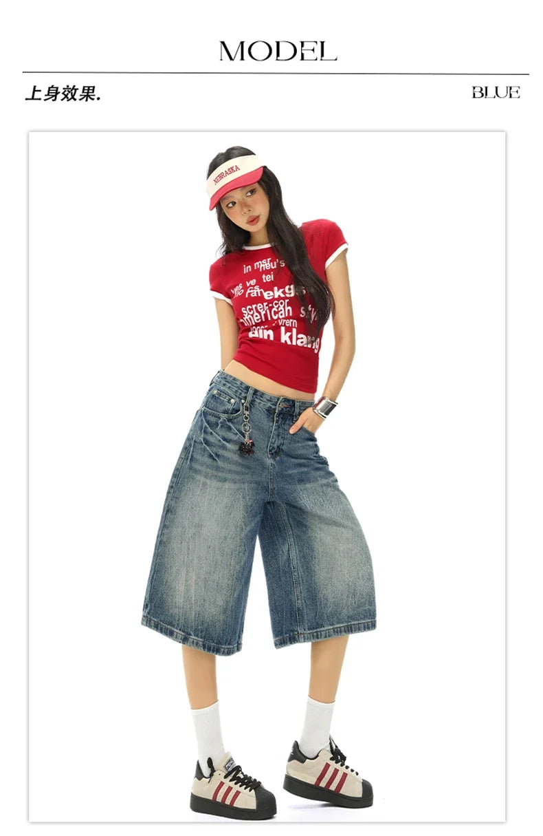 Vintage Washed Loose Straight Leg Denim Capri Men Women Lightning Print Streetwear Shorts