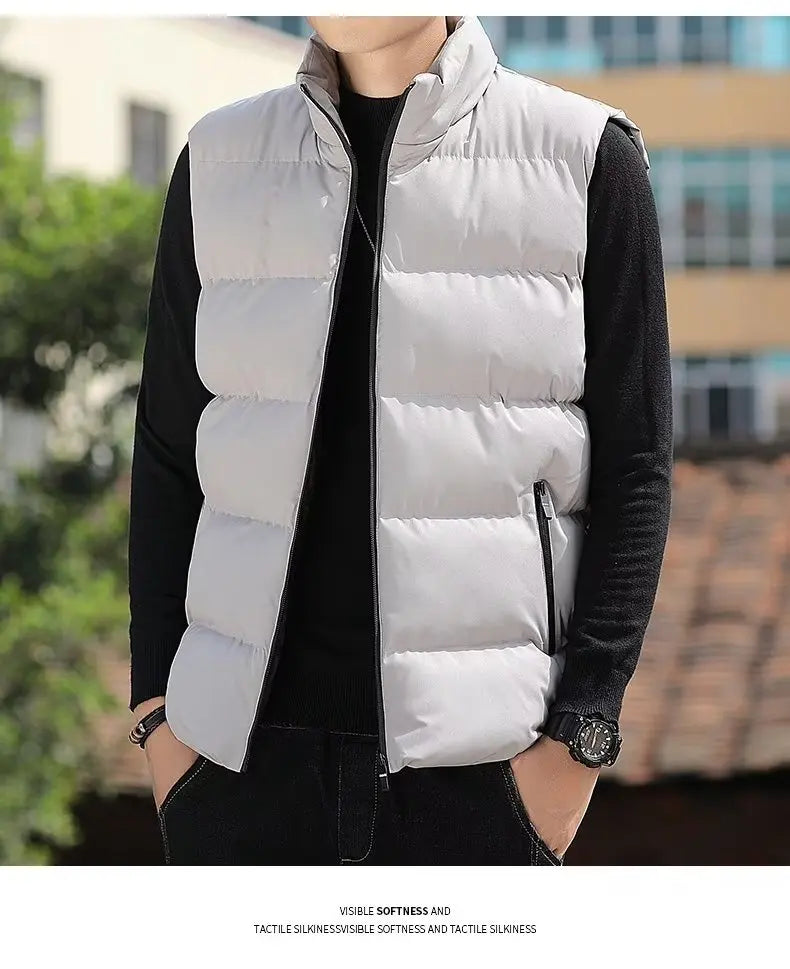 Men's down Vest Thickened Casual Style Stand Collar Jacket Autumn Winter New Fashion Youth Active Fit Zipper Pocket Daily Wear