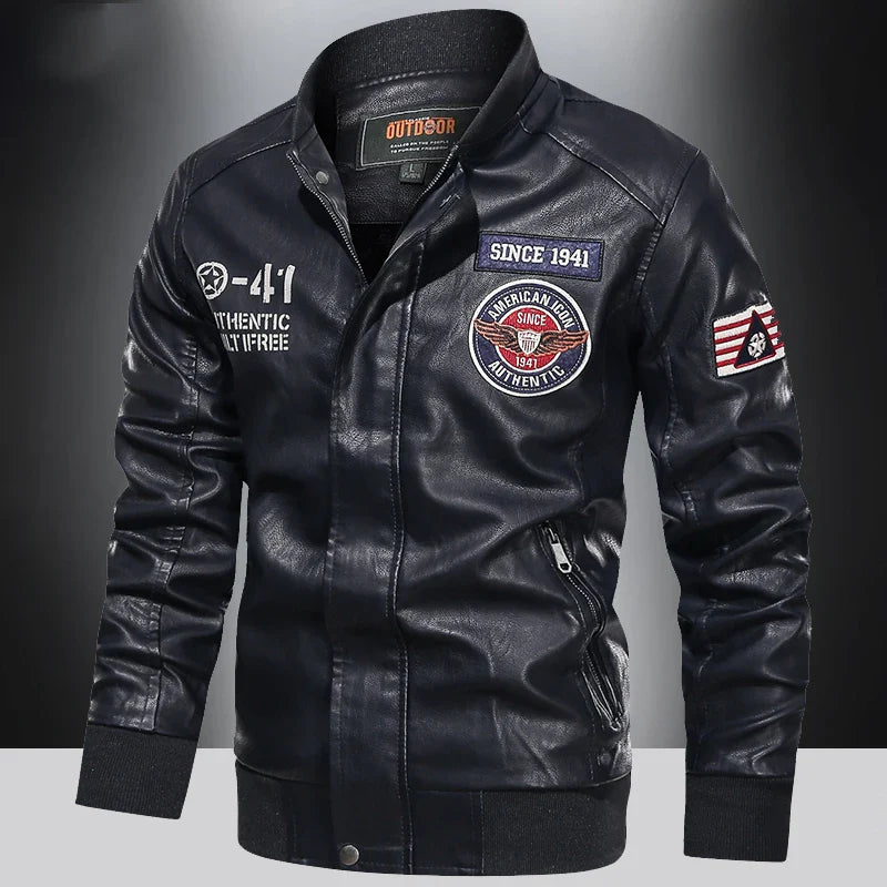Men’s PU leather motorcycle jacket, color block pilot style, baseball collar, spring autumn, M–XXL