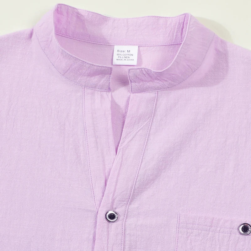 Men Mandarin Collar Long Sleeve Henley Cotton Linen Shirt With Chest Pocket Breathable Lightweight Beach Travel Daily Casual Top