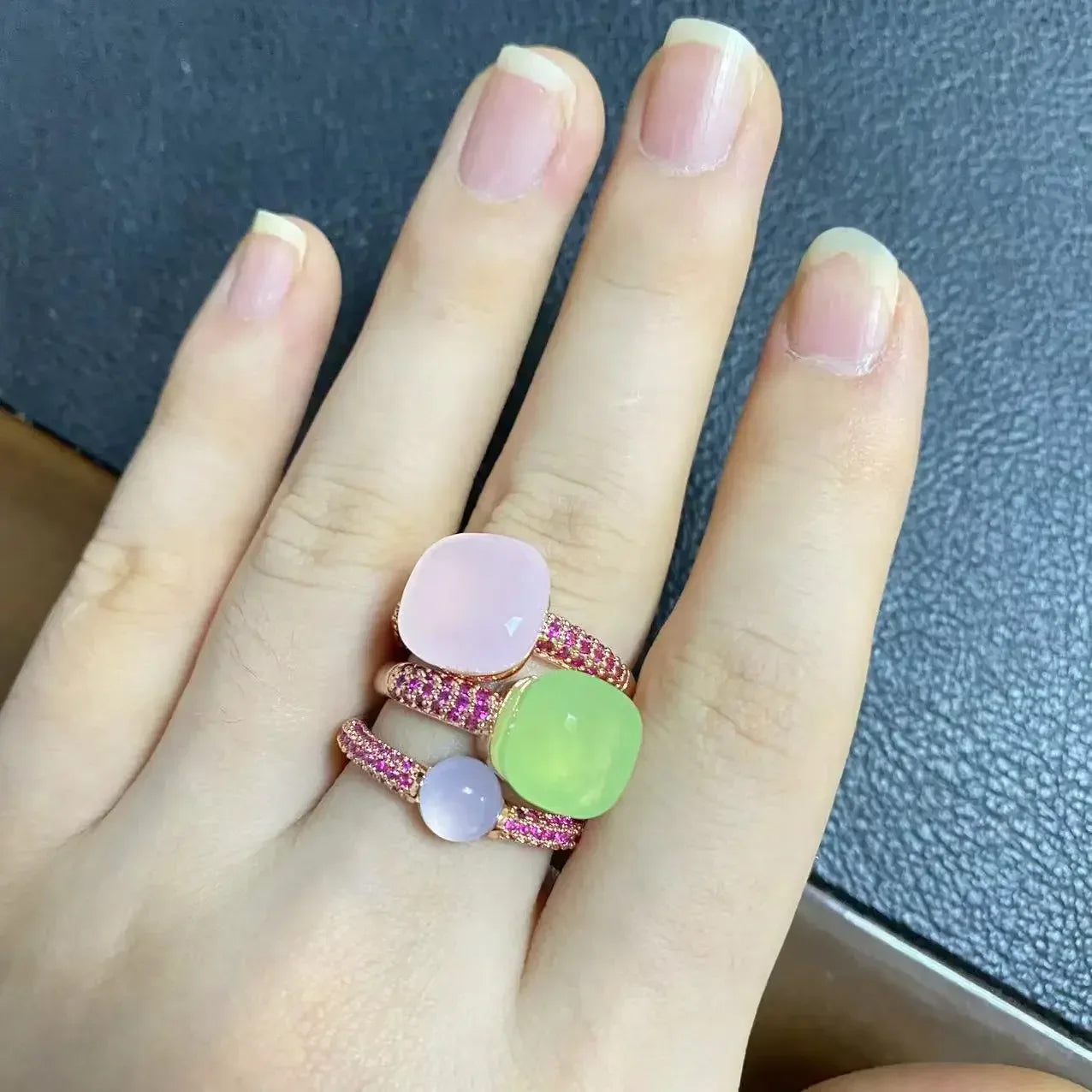 3Pcs/Set Nudo Ring Stacking Set for Women Mix Color Candy Crystal Inlay Zircon Amethyst Blue Topaz Round Jewelry Gift