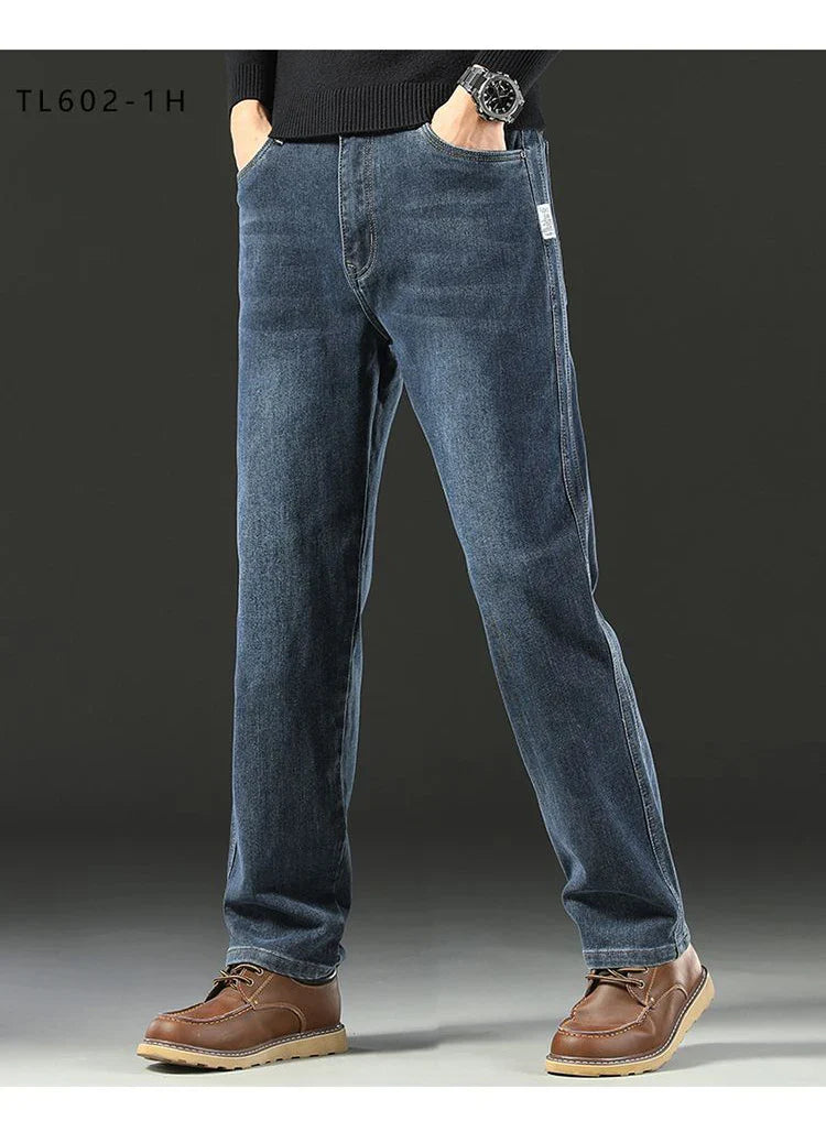 Men's Spring Autumn Soft Baggy Jeans Casual Straight Stretch Wide-Leg Business Denim Pants Versatile Comfortable Loose Trousers