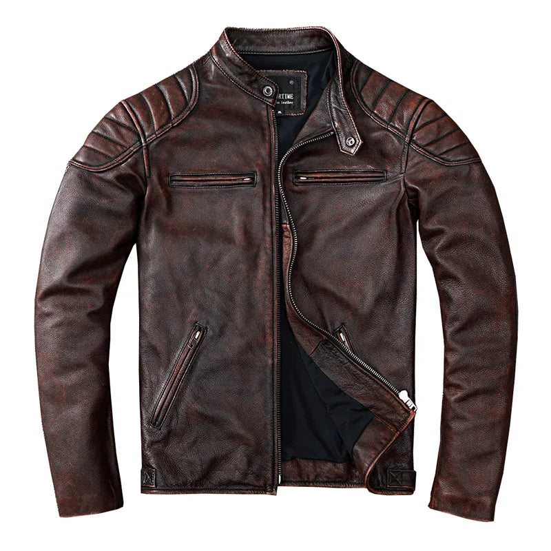 2025 Vintage Camel Yellow Genuine Leather Jacket Real Natural Cowhide Men Motorcycle Biker Coat Mens Slim Calf Skin Coat