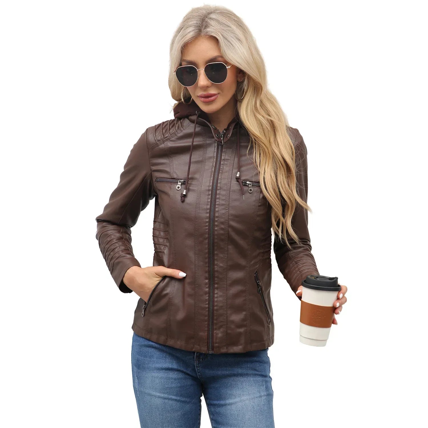 Women’s hooded jacket coat set, detachable design, faux leather, spring autumn, regular fit, L–XXL