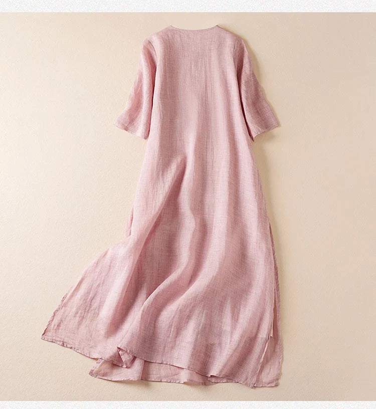 Summer New Hemp Dr Embroidered round Ne Five-Quarter Sve Fairy Beautiful Long Women's Dr New Chinese Sle