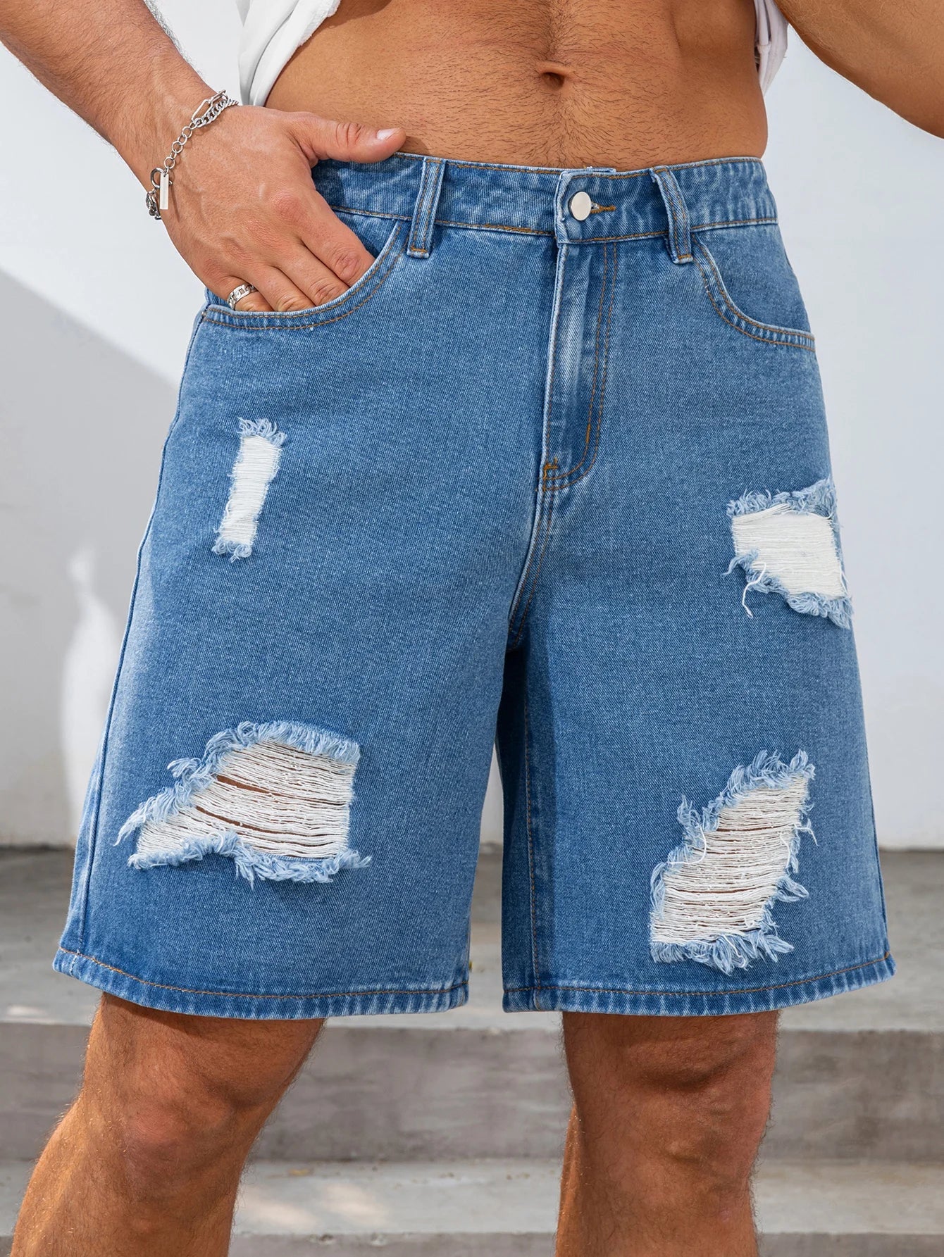 2026 Summer Men's Fashionable Blue Ripped Denim Shorts Loose Fit Non-stretch Fabric BlueWhite Simple Clean Cool Color Men Pants