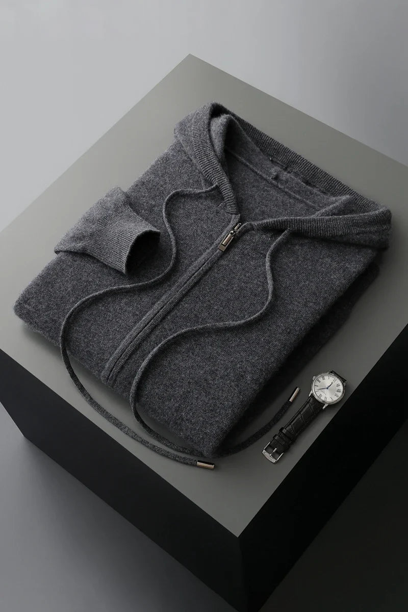 2025 New Men Knitted Plane Hooded Cardigan Cashmere Sweater Zipper Design Pocket Decoration High quality Thick Warmth Hoodie