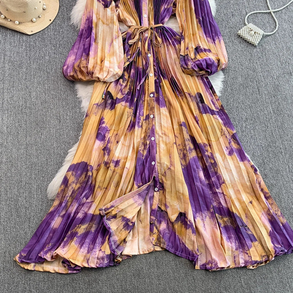 Printed round Ne Lantern Sve Dr Women's Single Button Waist Cinch Maxi Skirt Long Dr Commute Sle Autumn