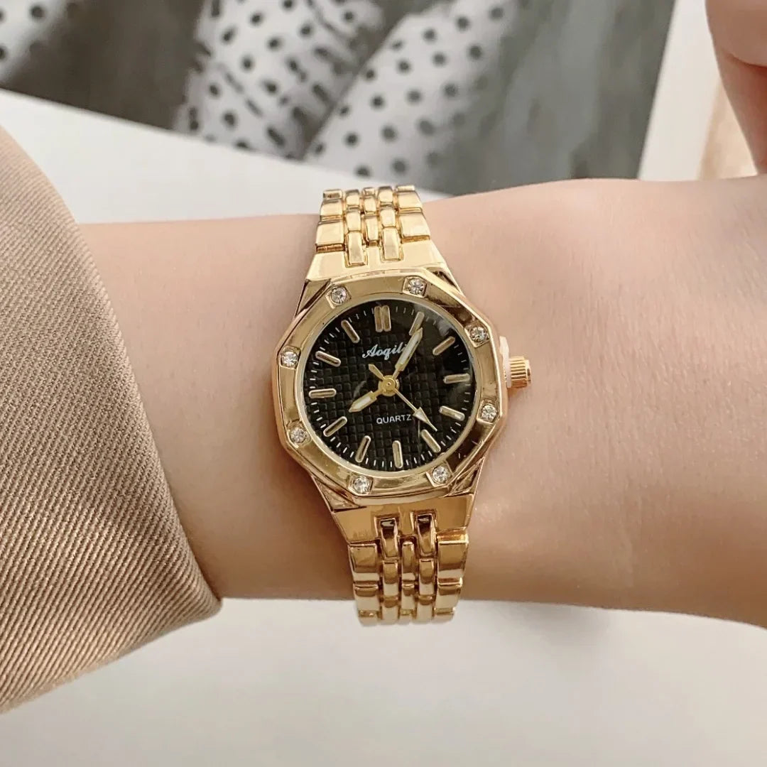 Women's Fashion Round Room Gold Steel Band Quartz Wristwatch Luxury Ladies Golden Watch for Women Clock Female Reloj