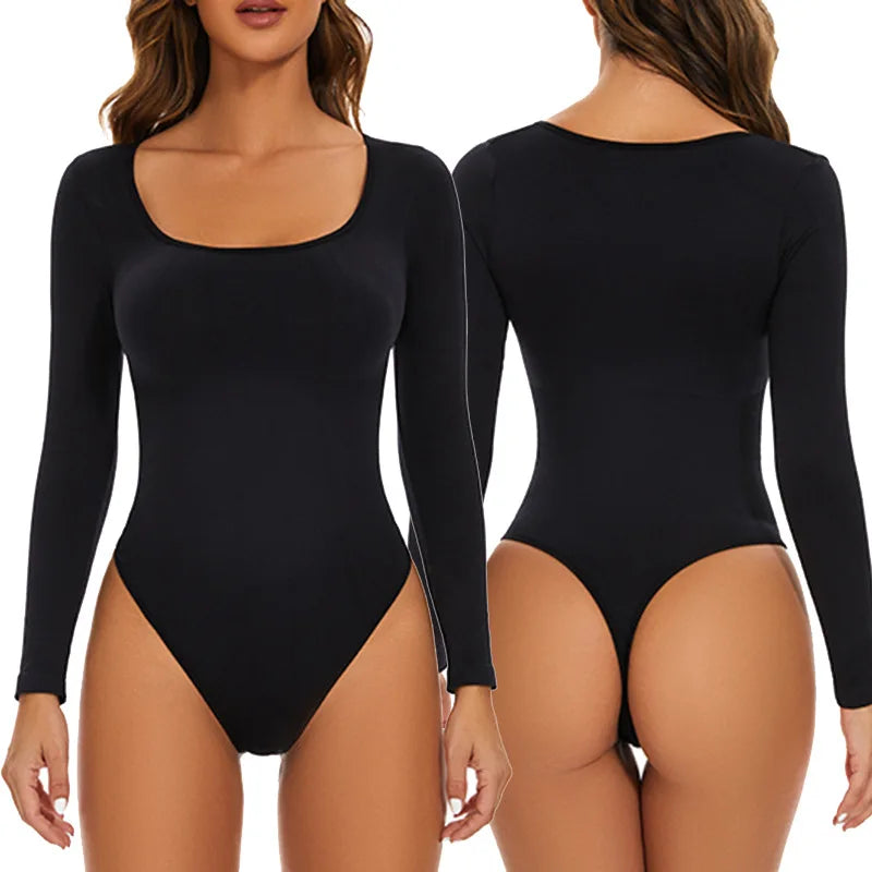 GUUDIA Open Crotch Big U Neck Seamless Bodysuit Long Sleeve Spandex Elastic Body Suit Shapewear Tummy Control Waist Shapers