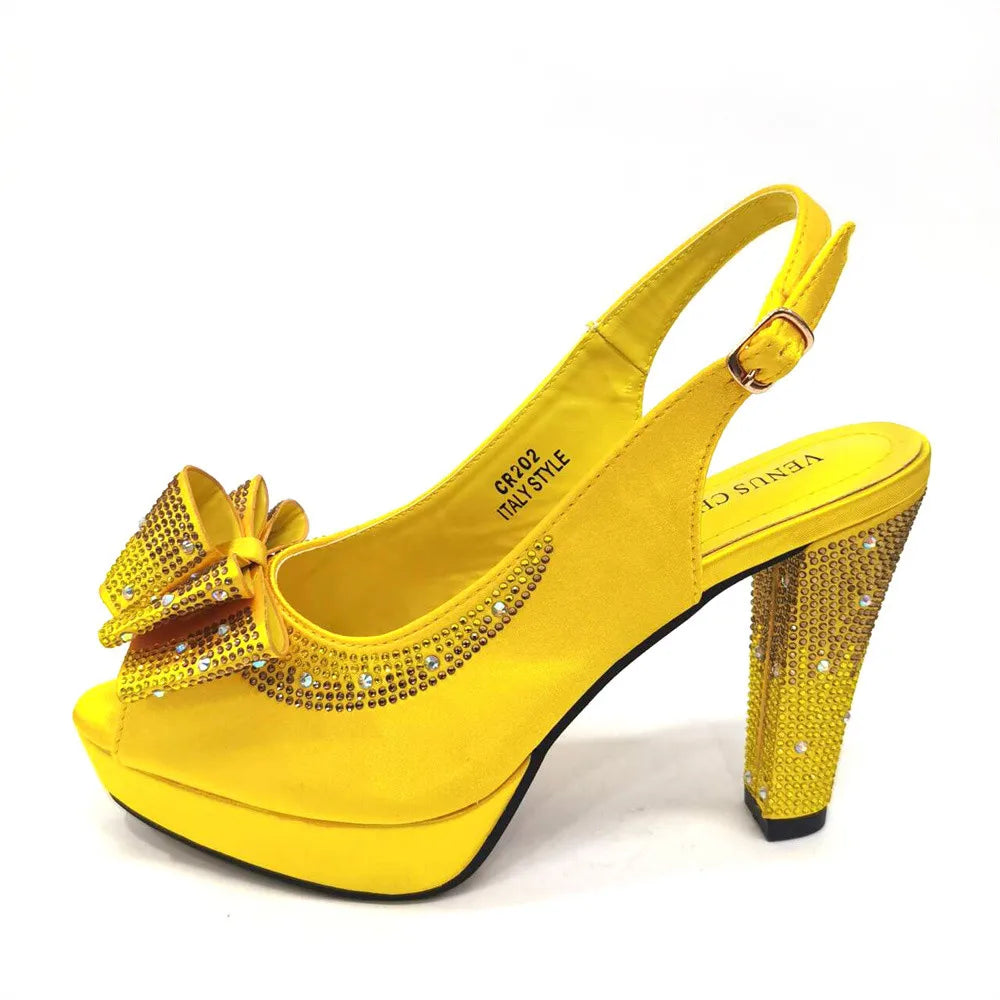 High Quality Yellow Color Fish Beaked Toe Cap Thin Heels Ladies Shoes Matching Bag
