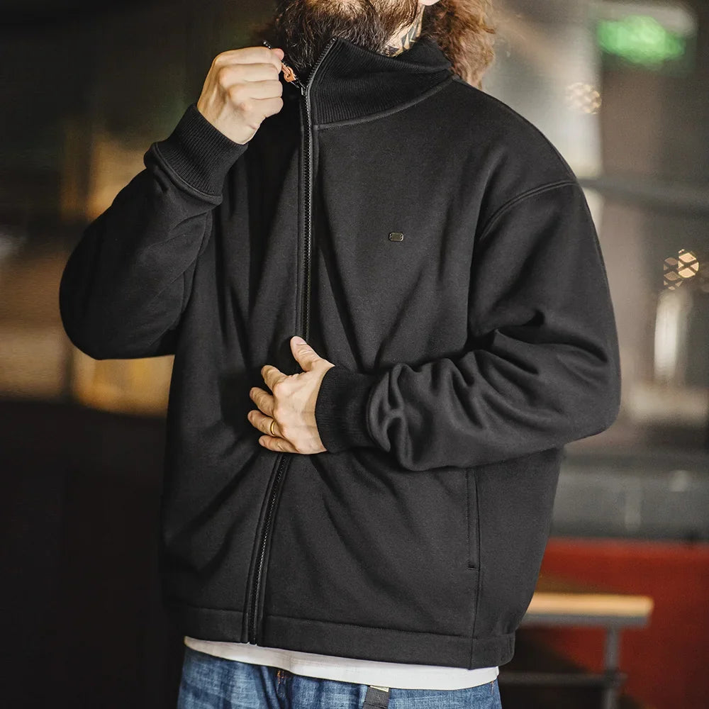 Men's High Neck Warm Jacket Polar Fleece Lining Thickened Coat Casual Sports Style Cardigan Sweater Vintage Tennis Jacket